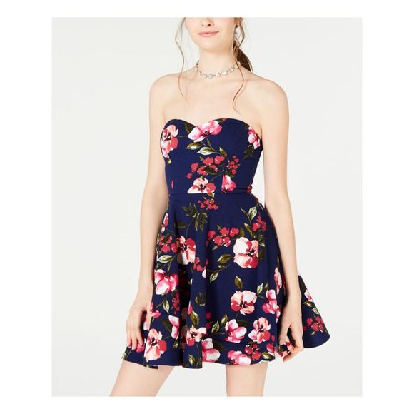 B DARLIN Womens Navy Blush Floral Mini Party Fit + Flare Dress Juniors 3\4 - Picture 1 of 4